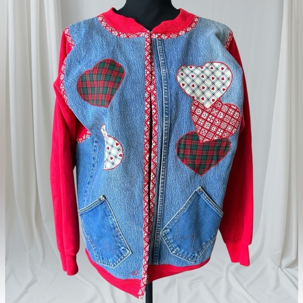 Upcycled Handmade Denim Jacket Wrangler x Jerzees Women's XL Patchwork Dog - Picture 2 of 13
